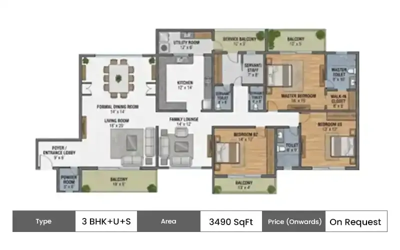 LNT Sector 86 Gurgaon 3 BHK + U + S floor plan, 3490 sq ft area